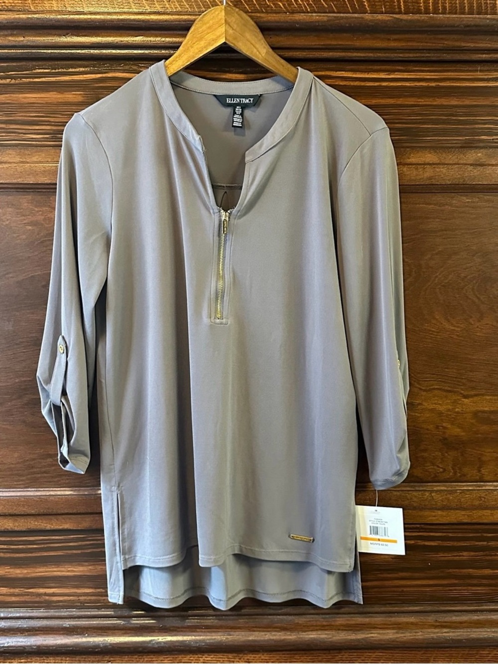 Ellen Tracy Gray Taupe Zip-Front Roll-Tab Sleeve Tunic Size Small